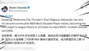 历史第14位连庄MVP！💥Shams：亚历山大当选本赛季常规赛MVP